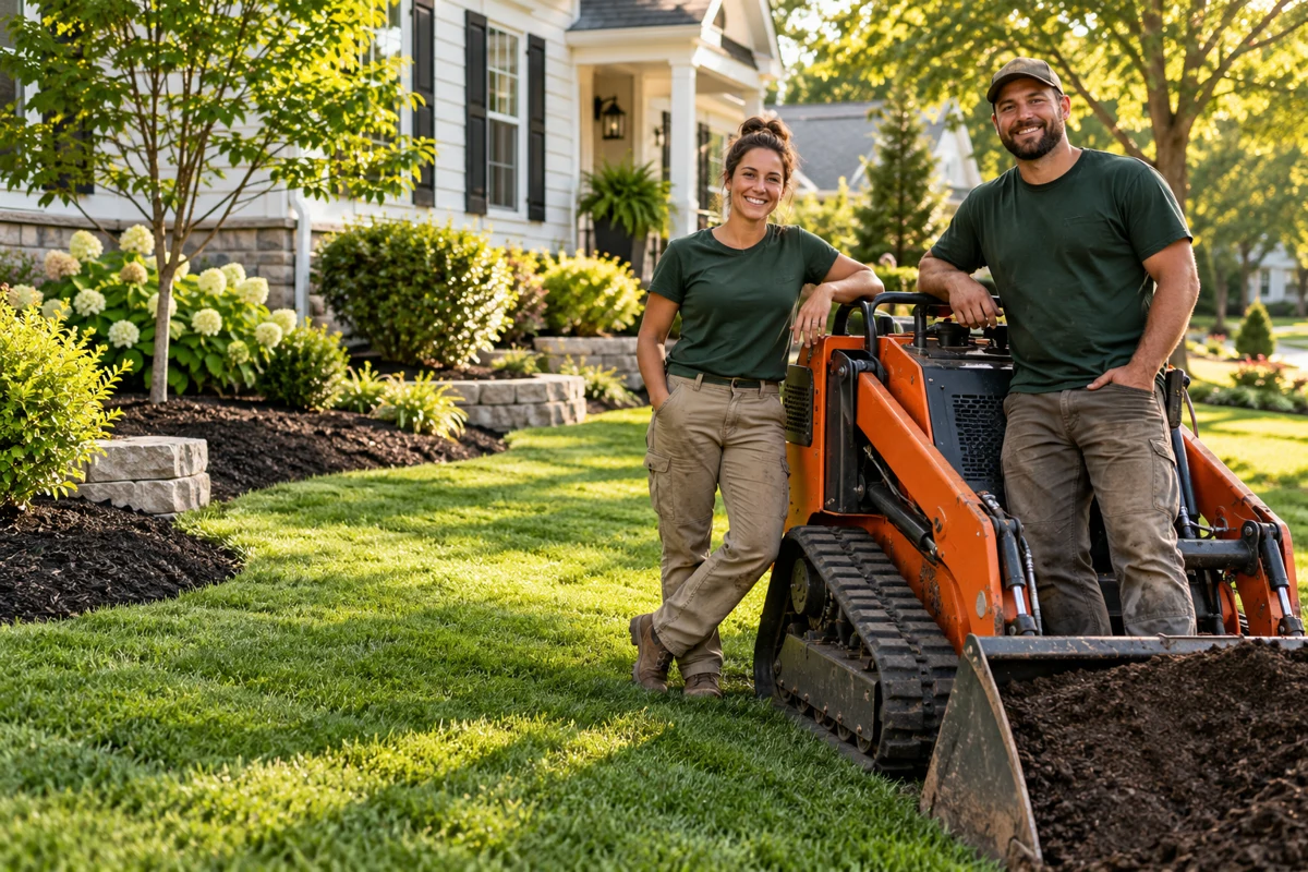 Illustrative landscaping crew beside a mini loader